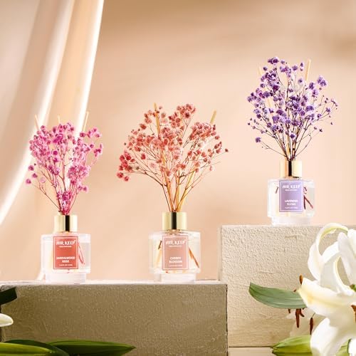 Airkeep Reed Diffuser Set of 3, Lavender Thyme Sandalwood Rose Cherry Blossom Oil Reed Diffusers for Bedroom Living
