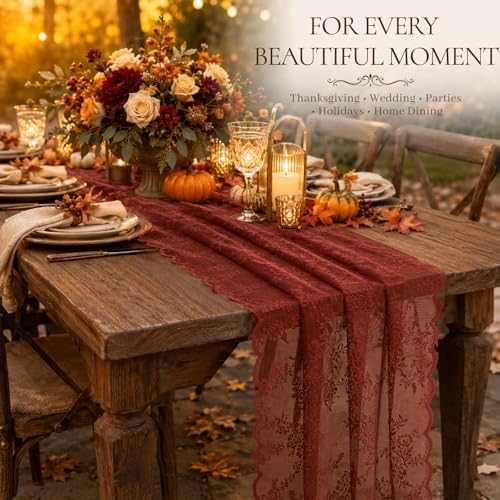 Terracotta Lace Table Runner with Floral Embroidered(3pcs 28”x118”)