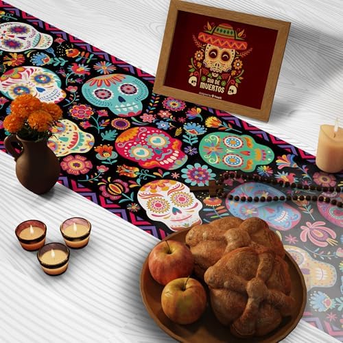 OHOME Dia De Los Muertos Decorations - Sugar Skulls Table Runner | Day of The Dead Catrinas Ofrenda Table Decorations Supplies Backdrop for Mexican Altar De Muertos Indoor Outdoor