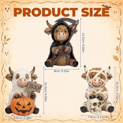 3 Pcs Halloween Highland Cow Figurines, Mummy Reaper Ghos Decor