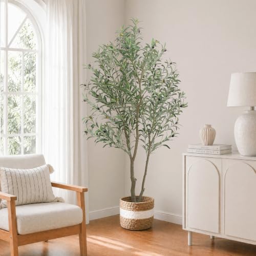 Faux Olive Trees Indoor, 7FT Tall Fake Olive Tree with Black Planter