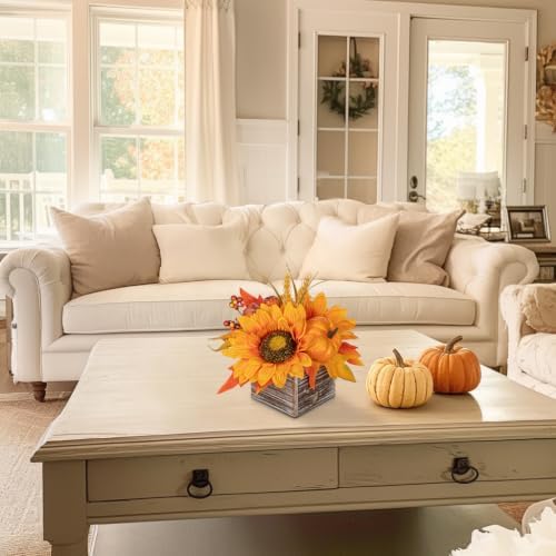 DILATATA Fall Decor Autumn Harvest Pumpkins Centerpiece - Artificial Sunflowers and Maple Leaves Arrangement in Wooden Box for Thanksgiving Party Mantel Fall Decor