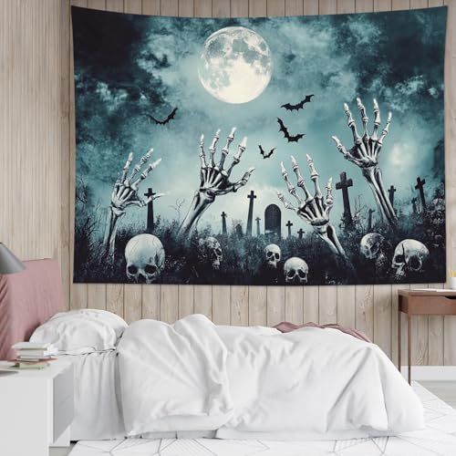 HVEST Black Halloween Tapestry Wall Hanging Scary Skeleton and Horror Tombstone in Cemetery Wall Art Spooky Bat and Misty Full Moon Tapestry for Bedroom Living Room Dorm Wall Decor, 40L X 60W inches