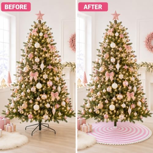 30 Inch Pink and White Christmas Tree Skirt with Pom Poms