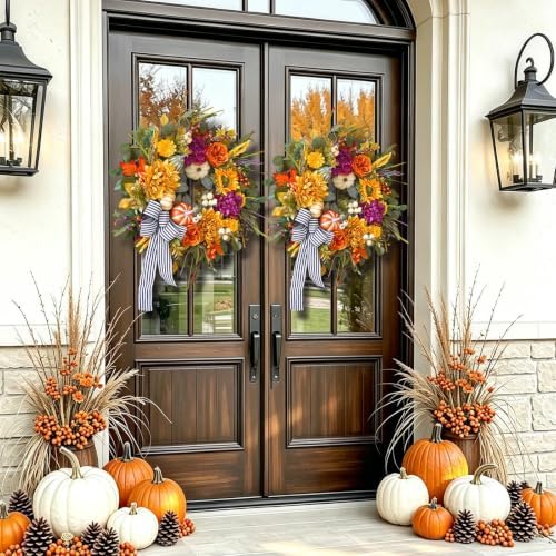 24 Inch Artificial Fall Wreaths for Front Door Outside with Striped Bow