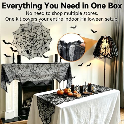5-in-1 Halloween Decorations Kit, Black Lace Spiderweb Tablecloth, Bats Set