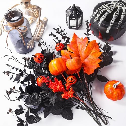 DIYDEC 12Pcs Black Eucalyptus Stems Flowers with Glass Vase for Table Decor