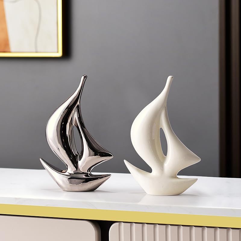 Sailboat Art Ceramic Statues / Silver