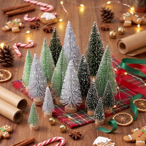 30pcs Mini Christmas Trees Artificial Christmas Tree Bottle Brush Trees with Wooden Base for Christmas Decor Party Home Table Craft Decorations (Silver,Green)