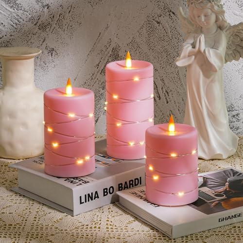 Rose Pink Flameless Candles with String Lights Battery Operated Flickering LED Pillar Candles with Remote Control Timer, Set of 3 for Living Room, Table Décor, Christmas Weddings