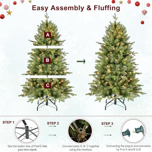 Treepool 4FT Pre-Lit Artificial Christmas Tree, 739 PE/PVC Tips, 150 Lights