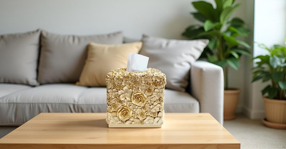 Square Tissue Box Cover Decorative Kleenex Box Holder / Gold-g