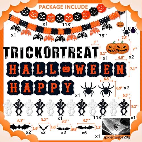Halloween Party Decorations Kit Including Happy Halloween Paper Banner Trick or Treat Sign Garland Bat Ghost Pumpkin Happy Halloweens Indoor Decorations