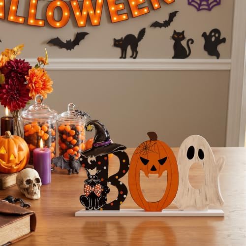 Smile Halloween Wooden Standing Decor Set Ghost Pumpkin and Black Cat