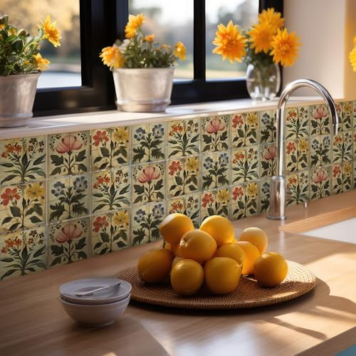 Flower Tile Stickers Watercolor Retro Rustic Floral Peel and Stick / Boho Flower / 4 x 4 / Set of 24