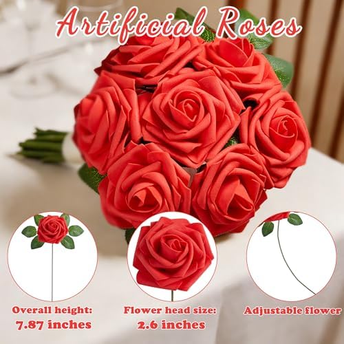 16 Pcs Artificial Flowers, Red Fake Roses with Stems