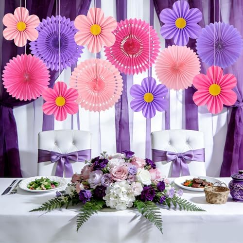 ADLKGG 12 Pcs Pink Purple Party Decorations, Paper Fans Flower Wall