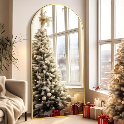 Prywot Arched Full Length Mirror, 76"x34" Free Standing Floor Mirror, Gold