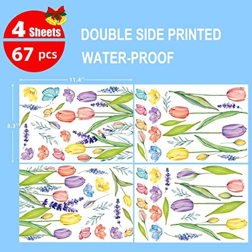 Horaldaily 67 PCS Spring Summer Window Cling Sticker, Tulip Butterfly Flower Decal for Home Party Supplies Shop Glass Display Decoration