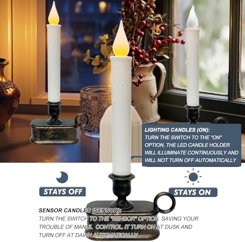 GOOTHY Set of 4 Battery Operated LED Window Candles, Dusk to Dawn Light Sensor, Flicker Flame Christmas Window Candles with Bronze Base, 10 Inch Flameless Taper Candle for Table Bedroom Christmas