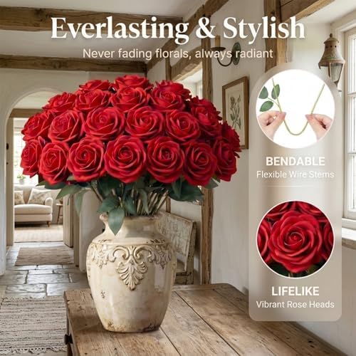 60 Pcs Red Velvet Artificial Roses Flowers Real Looking Silk Faux Roses Bulk Long Stems for Wedding Centerpieces,DIY Floral Arrangements,Home Decor,Anniversary,Valentine's Day