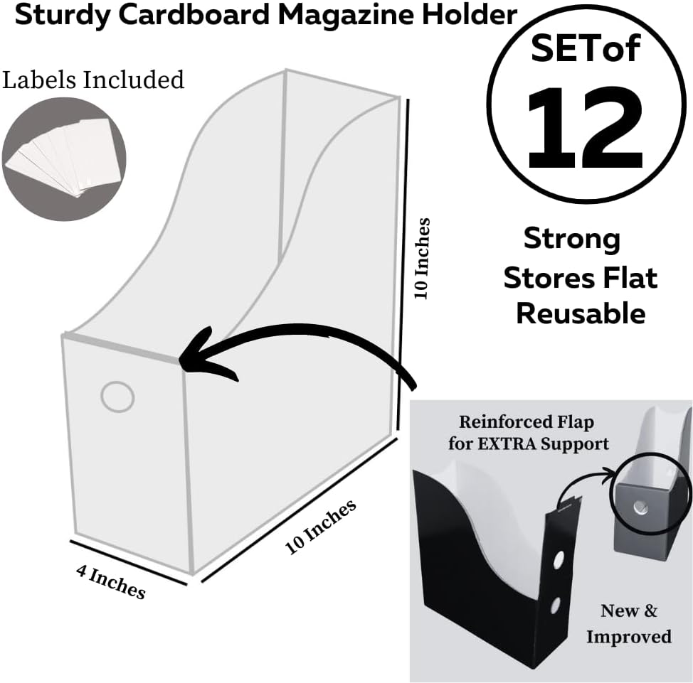 Evelots Magazine File Holder - Set of 12 Black - Office Desk Organizer - Sturdy Cardboard - New Upgraded Double Front