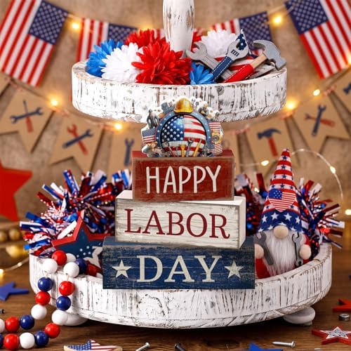 Moucuny 4 Pcs Labor Day Red White Blue Wooden Block Signs Table Decor