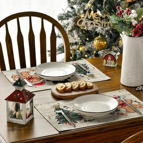 Artoid Mode Snowman Tree Gingerbread Wood Christmas Placemats Set of 4, 12x18 Inch Seasonal Winter Holiday Table Mats for Party Kitchen Dining Decoration
