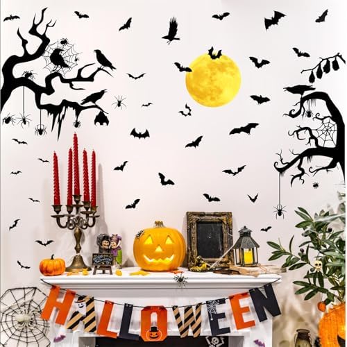 Moon Bat Wall Decals Halloween Crow Tree Branch Wall Stickers Window Clings