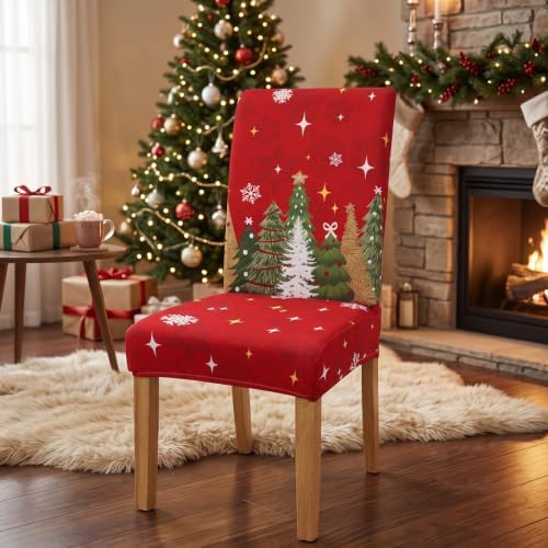 Christmas Chair Covers Set of 6,Xmas Tree Dining Chair Slipcovers,Elastic Removable Washable Dining Parsons Chair Protectors,Christmas Decor for Home Red