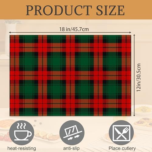 Christmas Plaid Placemats Set of 6,Washable Heat Resistant 12×18 Inch Linen Table Mats Green Red Place Mats for Party Outdoor Dining Décor
