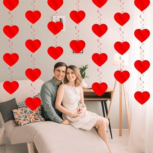 Red Heart Hanging Swirls, 24Pcs Foil Love Heart Ceiling Streamer for Valentines Galentines Decorations Bridal Shower Engagement Wedding Party Suppies