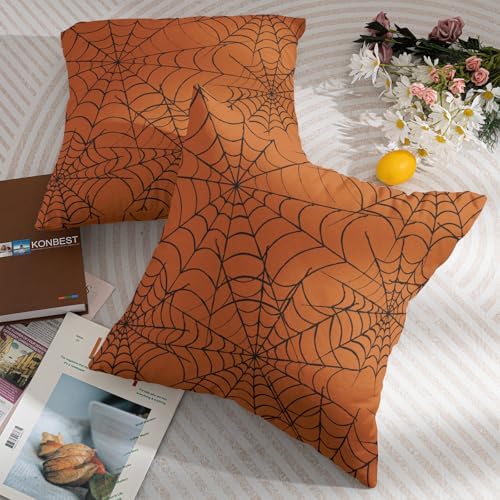 Halloween Spiderweb Pillow Covers 22x22 Set of 2 Burnt Orange Black Web Outdoor Decorative Throw Pillows Halloween Scary Themed Farmhouse Pillowcases Linen Cushion Case Decor for Home Sofa Couch Bed