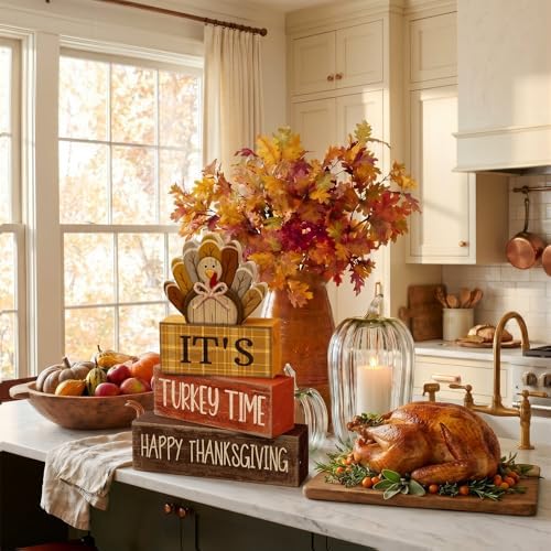 Moucuny 4 Pcs Thanksgiving Table Decorations Wooden Turkey Tiered Tray