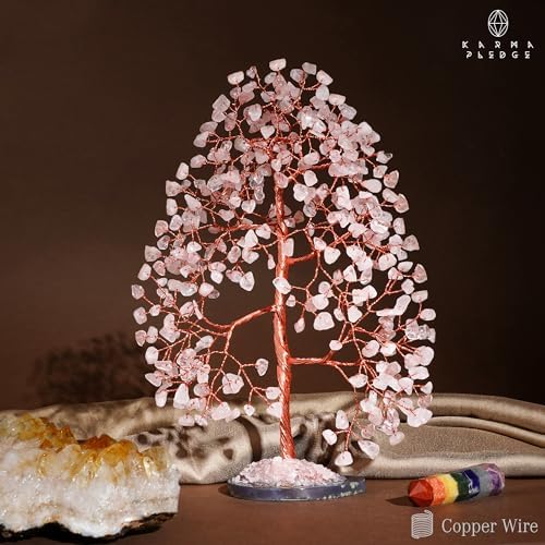 KARMAPLEDGE Rose Quartz Crystal Tree of Life Birthday Gifts for Women, Men, Frineds, Handmade Chakra Healing Tree for