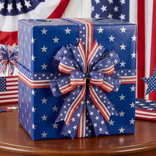 Patriotic Bow for Wreath, 9.4 x 11.8 Inch Red White and Blue with Stars and Stripes Wired Ribbon, Handmade 4th of July Mailbox Bow for Memorial Day Veterans Day Decor