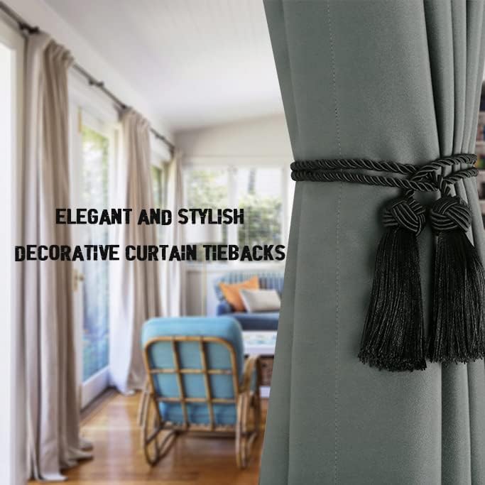 BEL AVENIR 6 Pack Handmade Rope Tassel Curtain Tiebacks | Decorative Curtain Holdbacks with Tassel (Black, 6 Pack)
