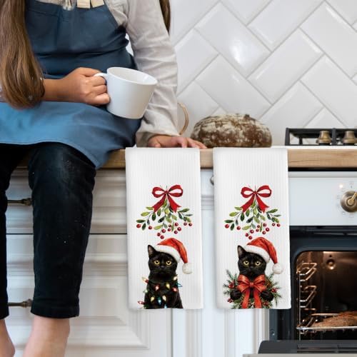 Funny Christmas Black Cat Kitchen Towels Gifts for Women Set of 2