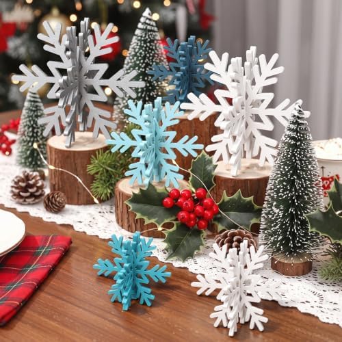 Bucherry 12 Pcs Wooden Snowflakes Table Decor,White, Gray, Blue