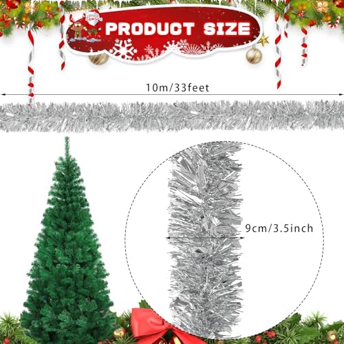 Decora 33 Feet Silver Tinsel Garland, Christmas Metallic Hanging Tinsel Garland for Xmas Tree Home and Party Decoration (Pack of 2)