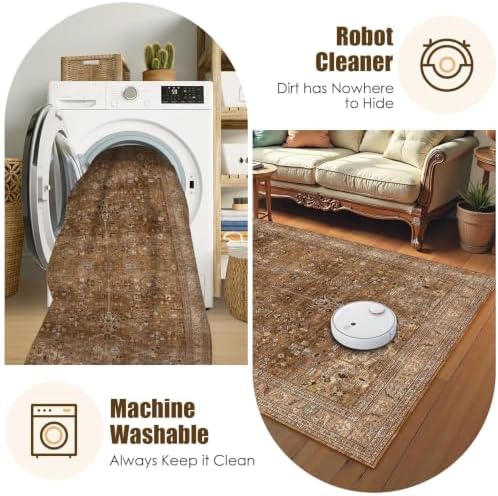 Washable Area Rug 3' x 5 ' Vintage Traditional Persian Mat - Foldable Distressed Non-Slip Machine Washable Carpet for