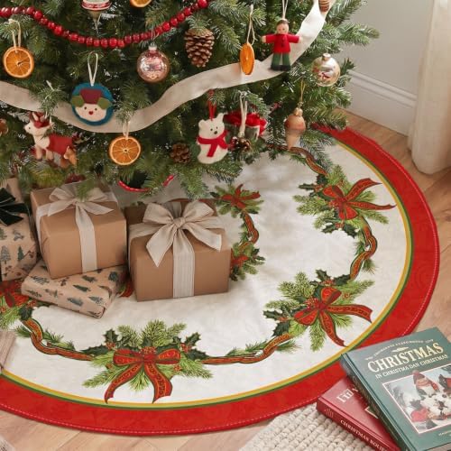 AVOIN colorlife Christmas Tree Skirt 48 Inch, Christmas Ribbon Holly Winter Holiday Tree Mat Decoration
