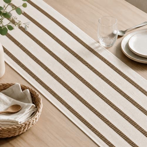Artoid Mode Light Coffee Farmhouse Woven Stripe Table Runner, Seasonal Holiday Boho Rustic Kitchen Dining Table Decoration for Home Party Decor 12x72 Inch