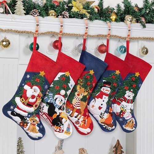 LUBOT Set of 5 Christmas Stockings Embroidered 20" Velvet Large Family Xmas Tree Stocking 5 Pack Shining Cute Cartoon Soft Luxury Stocking Fireplace Hanging Decor