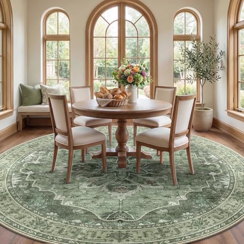 RELEANY Washable Area Rug, Round 8ft, Green/Dark Green/Gray
