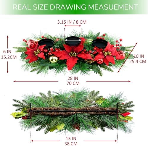 YULETIME 28" Christmas Triple Candelabrum, Poinsettia, Baubles, Red Berries