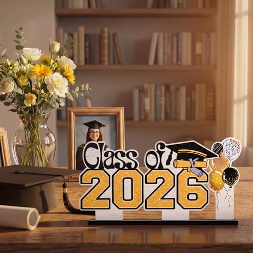Smile 2026 Graduation Wooden Standing Decor Set, 2-Piece Class of 2026 Balloon Bouquet Tiered Tray Tabletop Signs with Stands for Graduation Party Decorations