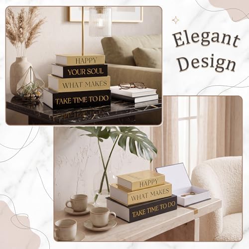 Sabary Set of 4 Decorative Books Boxes Faux Books Stacked for Coffee Tables Modern Home Bookshelves DIY Crafts Decor (Black and Gold,Inspirational Themes)