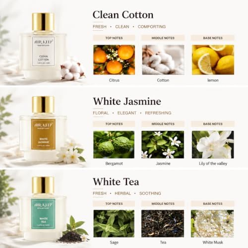 Airkeep Reed Diffuser Set of 3,Clean Cotton White Jasmine White Tea Oil Reed Diffusers for Bedroom Living Room Office