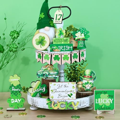 St Patricks Day Decor, 22 PCS St Patricks Day Tiered Tray Decor Set-St. Patrick's Day Decorations for Table with Gnome Shamrock Wooden Signs Irish Decorations Farmhouse Kitchen Centerpiece Home Decor